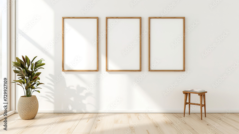 Wall mural Simple elegant product mockup for a set of 3 identical wood framed art prints. Mid-century modern wood frame on a white wall