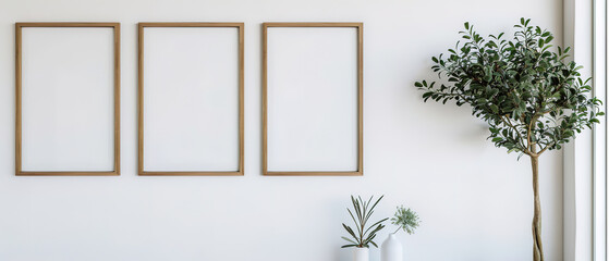 Simple elegant product mockup for a set of 3 identical wood framed art prints. Mid-century modern wood frame on a white wall