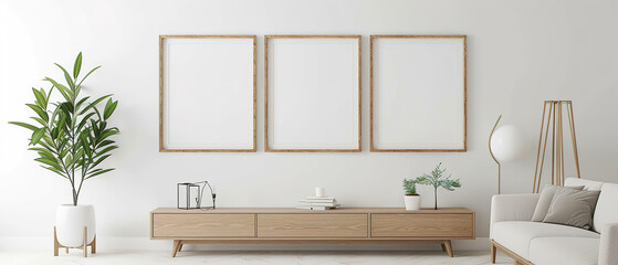 Simple elegant product mockup for a set of 3 identical wood framed art prints. Mid-century modern wood frame on a white wall