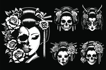 Set Art Dark Geisha Japanese Oriental Girl Skull Mask Art Tattoo Grunge Vintage Style illustration