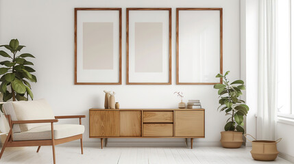 Simple elegant product mockup for a set of 3 identical wood framed art prints. Mid-century modern wood frame on a white wall