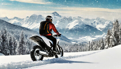 Side view of a man riding an off-road motorcycle (motocross or enduro motorcycle) on a mountain road in a snowy landscape. Snow-capped peaks and blue sky with clouds in the background. Generative Ai.