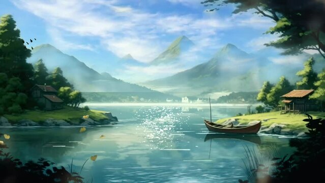 Lakeside Harmony: Wooden Boat Drifting on the Water Surrounded by Majestic Mountains in the Background. Animated fantasy background, watercolor painting illustration style, seamless looping 4K video