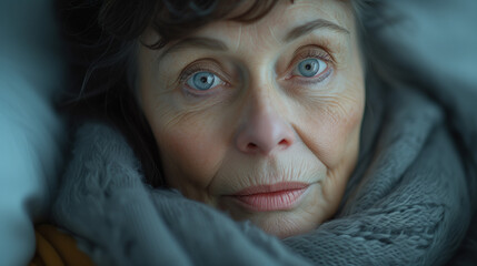 Portrait d'une femme âgée enroulée dans une grosse couverture de laine dans son lit - obrazy, fototapety, plakaty