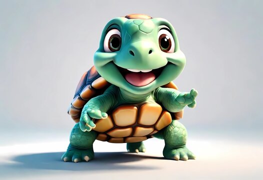 A Adorable 3d rendered cute happy smiling and joyful baby funny turtle with a smile cartoon character on white backdrop