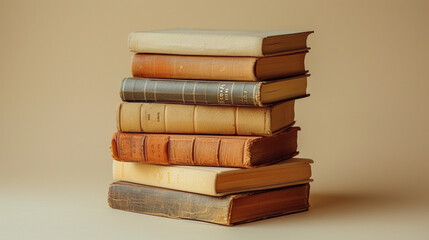 A stack of hardcover books with neutral covers on a beige background.
