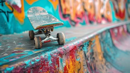 Skateboard Thrills: Urban graffiti and skateboarding graphics represent the thrill of the skatepark.