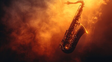 Saxophone Serenade: A sleek saxophone silhouette set against a smoky, dimly lit jazz club