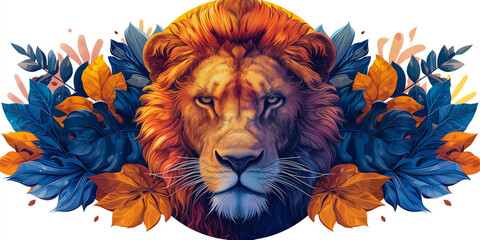 Colorful portrait of a lion in the style of detailed botanical illustrations. T-shirt design concept. Cartoon, exotic atmosphere, white background.