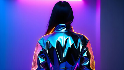 Woman in a halographic neon jacket with a hood. - obrazy, fototapety, plakaty