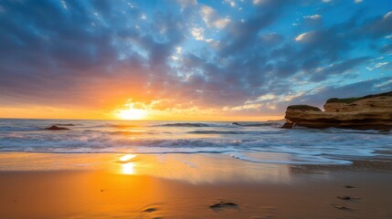 Obraz premium Landscape beach, clean and clear wave sea, Sunset golden light sky scene.