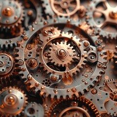 Interlocking gears and cogs forming an intricate, steampunk-inspired design