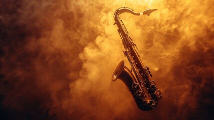 Naklejka premium Saxophone Serenade: A sleek saxophone silhouette set against a smoky, dimly lit jazz club