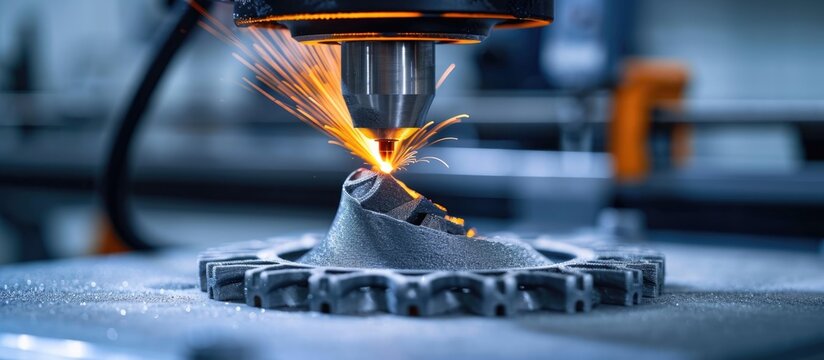 Metal powder is used by a 3D printer to create intricate mechanical parts in a workshop.