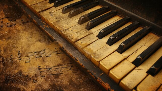 Jazzed-Up Keys: Vintage piano keys intertwined with musical notes and muted sepia tones