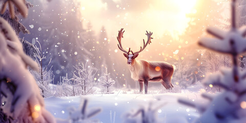 Christmas deer in the forest in winter with snow