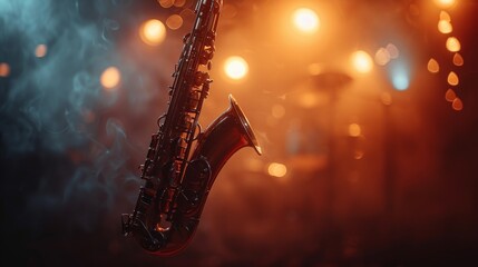 Saxophone Serenade: A sleek saxophone silhouette set against a smoky, dimly lit jazz club - obrazy, fototapety, plakaty
