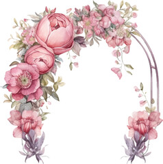 Wedding arch composed of watercolor flowers on a transparent background.