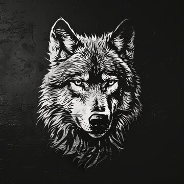 Flat logo wolf sgraffito style on a black background. Sgraffito style.