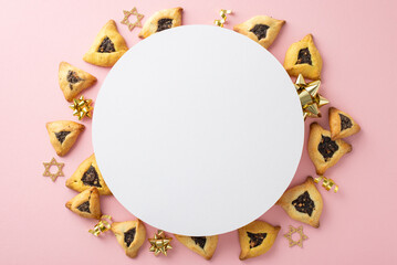 Holiday menu setup for Purim, showcasing top view triangular pastries, symbols of Star of David, and gold celebration accents, arranged on a pastel pink backdrop with circular void for text insertion - Powered by Adobe