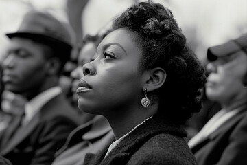 A black and white close-up of a black woman  looking away from the camera