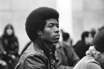 A black and white photograph of a young man with an afro hairstyle, gazing to the side