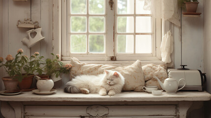 In a white cottage room a cat