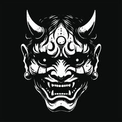Dark Hannya Mask Japanese Oni Devil Oriental Horror Art Grunge Vintage Old School illustration