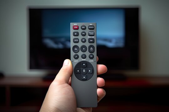Hand with TV remote control and a TV in the background
