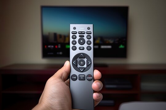 Hand with TV remote control and a TV in the background