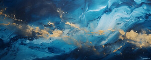 Abstract blue marble texture with gold splashes, blue luxury background