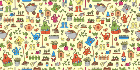 Cottagecore seamless pattern gardening theme. Cute garden tools. Countryside sustainable living vector illustration. Cozy spring summer repeat design. Rural eco garden and sustainability concept. 