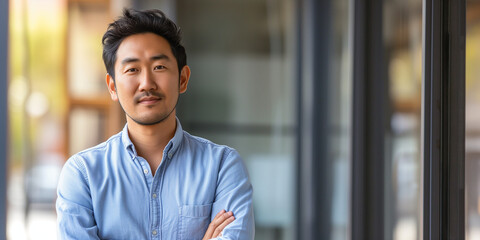Confident Asian man in a blue shirt stands with folded arms, embodying urban professionalism in a city setting