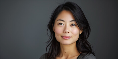 Radiant young Asian woman with a gentle smile, her hair softly framing her face against a gray background