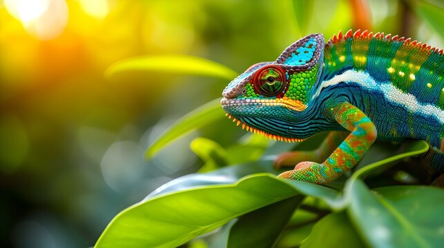 Yemeni chameleon isolated on large black background lizard on green leaf Brightly colored skin colorful chameleons
