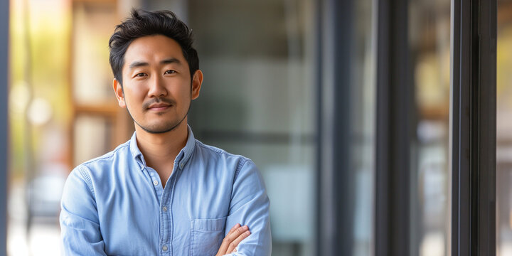 Confident Asian man in a blue shirt stands with folded arms, embodying urban professionalism in a city setting