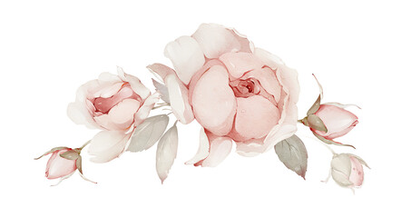 Watercolor illustration with a delicate bouquet of roses for wedding cards and invitations