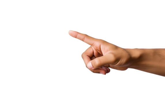 The Male Hand Pointing Finger Steers Attention with Focused Purpose on a White or Clear Surface PNG Transparent Background.