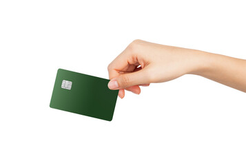 Hand holding credit card on isolated background.