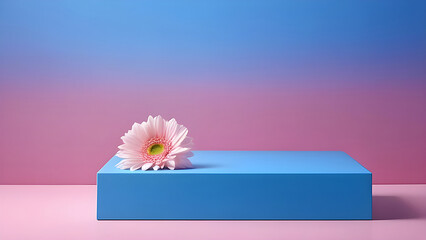 Obraz na płótnie Canvas Blue platform, display podium for presentation of products, cosmetics on a pink background.