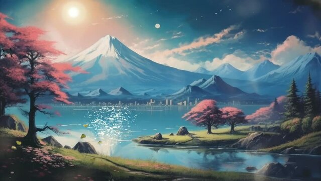 Evening Tranquility: A Serene Lake, Majestic Mountains, and the Beautiful Reflection of Light. Animated fantasy background, watercolor painting illustration style, seamless looping 4K video
