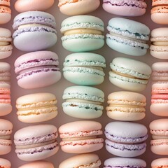 Macarons Sweet French Dessert, pastel background pattern. Creative minimal concept. Delicious pink vanilla macarons falling levitation layout