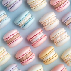 Macarons Sweet French Dessert, pastel background pattern. Creative minimal concept. Delicious pink vanilla macarons falling levitation layout