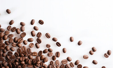 Roasted Coffee Beans isolated on white background banner, close up . Realistic coffee beans, detailed for cafe product, package, menu, advert