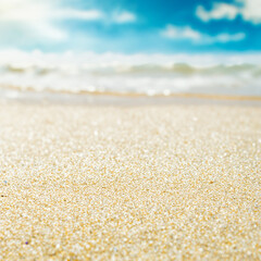 Fototapeta na wymiar Blur tropical beach background with bokeh sun light wave and sand