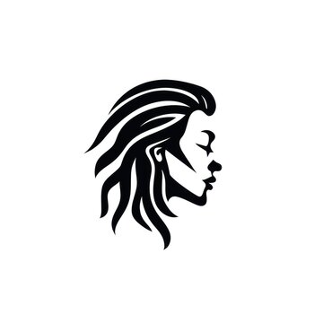 Simple graphic logo of girl with dreadlocks on white background.