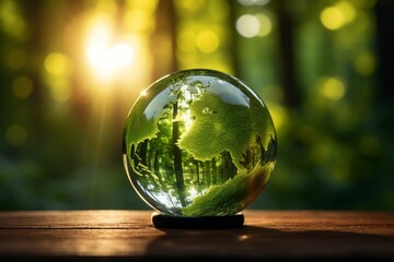 Crystal Earth, the concept of preserving a green planet with a green earth under a blue sky in a protective shell. Generative AI