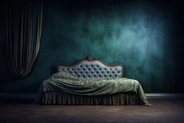 Bed with green blanket and green wall behind it. - obrazy, fototapety, plakaty