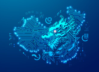 China technology or tech war, graphic of Dragon combined with electronic China map