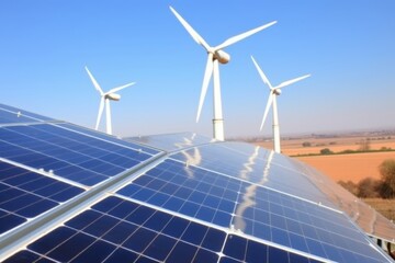 Illustration of wind turbines and solar panels against a clear blue sky with a focus on sustainability and renewable energy sources.